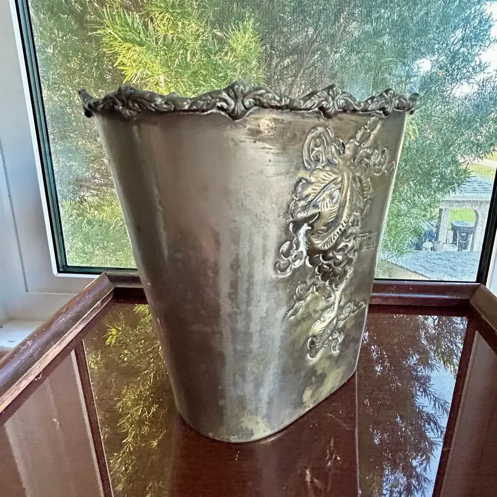 Vintage Bronze Tone Metal Raised Relief Floral Grapes Basket Bucket Flower Bin